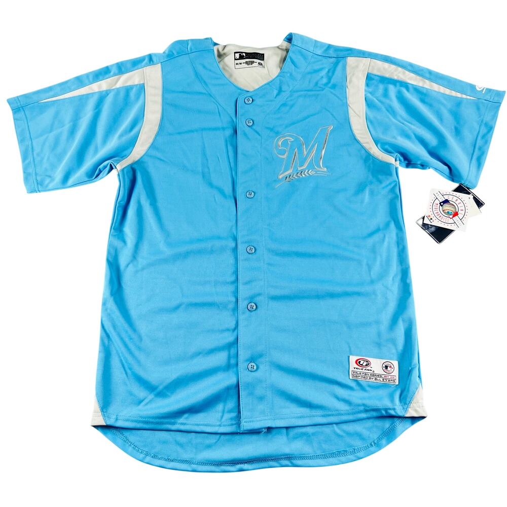 MLB Milwaukee Brewers Button Up Jersey NWT Medium Blue
